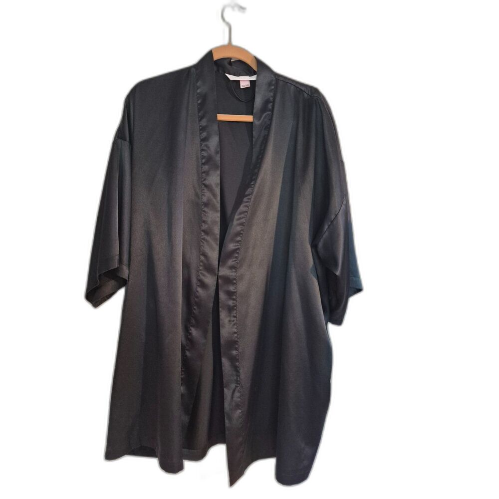 Victorias Secret Black Kimono Robe One Size OS Silky Satin Nightwear No Belt